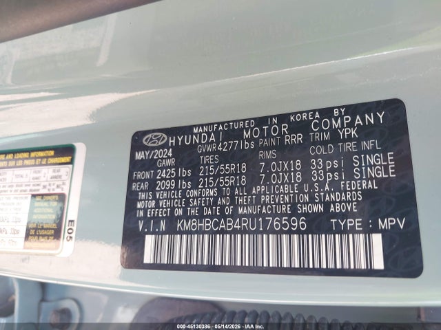 Aukcja sprzedaży 2024 Hyundai Kona Sel, vin: KM8HBCAB4RU176596, numer aukcji: 45130386