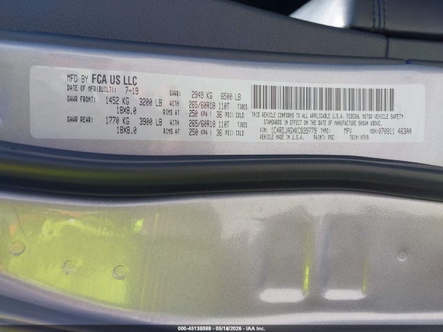 45130388 :رقم المزاد ، 1C4RDJAGXKC839779 vin ، 2019 Dodge Durango Sxt Awd مزاد بيع