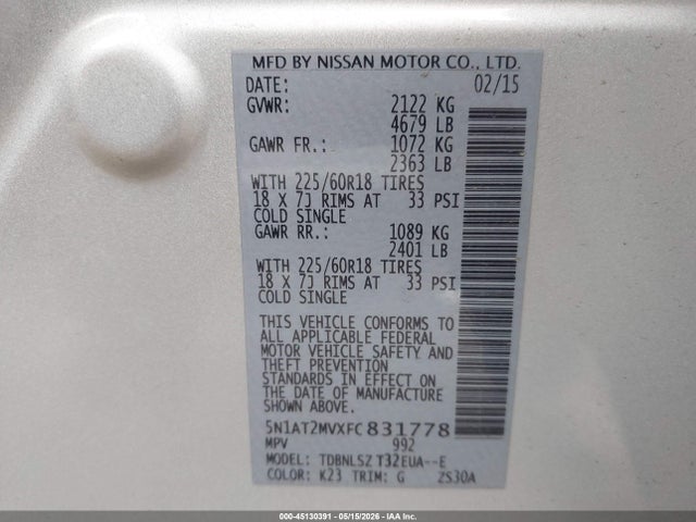 45130391 :رقم المزاد ، 5N1AT2MVXFC831778 vin ، 2015 Nissan Rogue Sl مزاد بيع