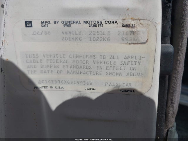 Продажа на аукционе авто 1986 Chevrolet Monte Carlo, vin: 1G1GZ37GXGR199369, номер лота: 45130401