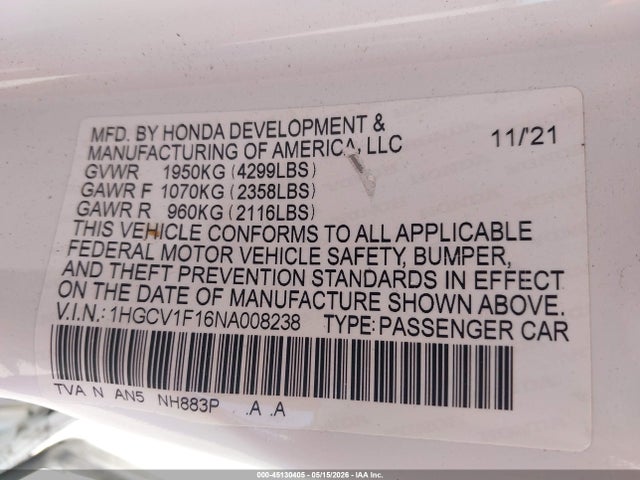 Aukcja sprzedaży 2022 Honda Accord Lx, vin: 1HGCV1F16NA008238, numer aukcji: 45130405