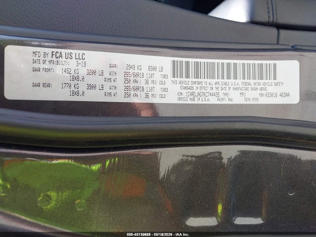 45130428 :رقم المزاد ، 1C4RDJAG7KC744435 vin ، 2019 Dodge Durango Sxt Awd مزاد بيع