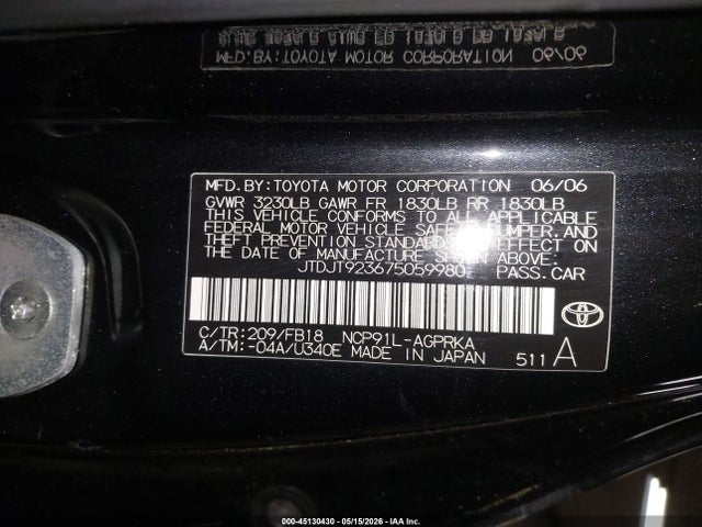 2007 Toyota Yaris მანქანა იყიდება აუქციონზე, vin: JTDJT923675059980, აუქციონის ნომერი: 45130430