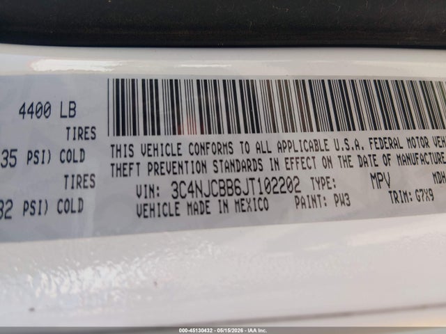 3C4NJCBB6JT102202 Jeep Compass Latitude Fwd