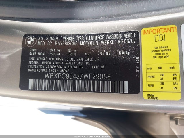 Продажа на аукционе авто 2007 Bmw X3 3.0si, vin: WBXPC93437WF29058, номер лота: 45130434