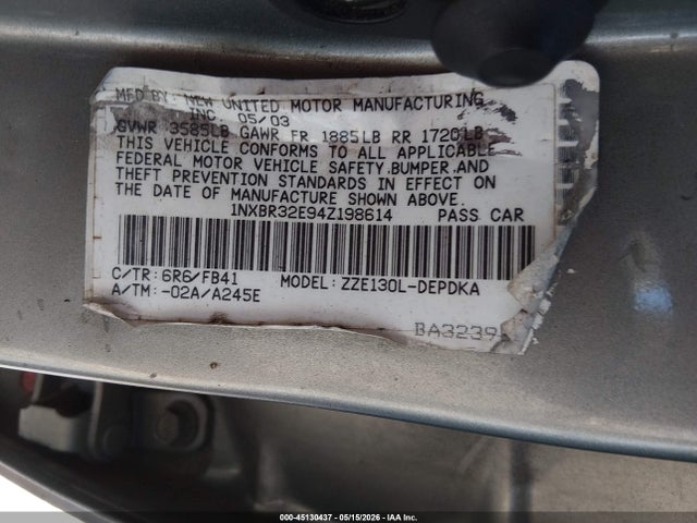 Продажа на аукционе авто 2004 Toyota Corolla Ce, vin: 1NXBR32E94Z198614, номер лота: 45130437