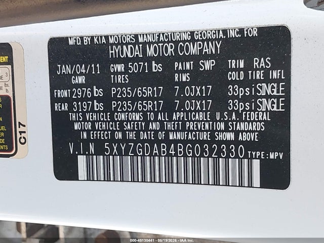 Aukcja sprzedaży 2011 Hyundai Santa Fe Gls, vin: 5XYZGDAB4BG032330, numer aukcji: 45130441