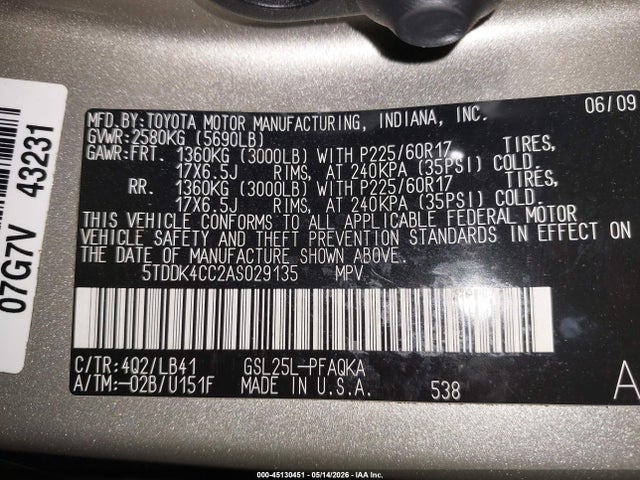 Aukcja sprzedaży 2010 Toyota Sienna Xle, vin: 5TDDK4CC2AS029135, numer aukcji: 45130451