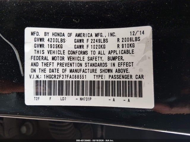 Honda ACCORD LX 2015 1HGCR2F37FA088551 Image 9