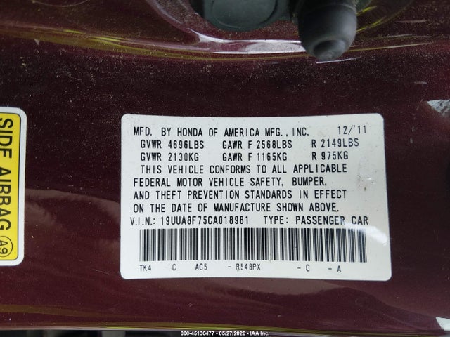 45130477 :رقم المزاد ، 19UUA8F75CA018981 vin ، 2012 Acura Tl 3.5 مزاد بيع