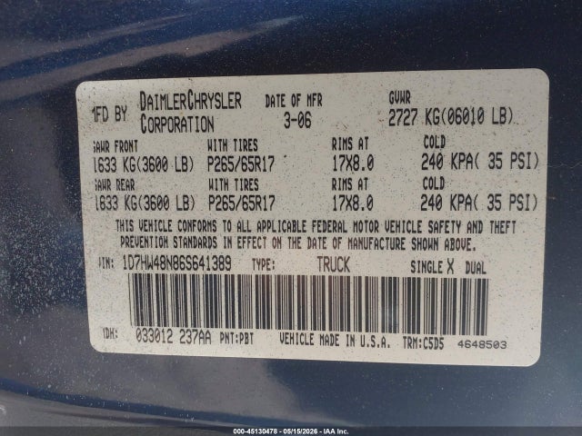 Aukcja sprzedaży 2006 Dodge Dakota Quad Slt, vin: 1D7HW48N86S641389, numer aukcji: 45130478
