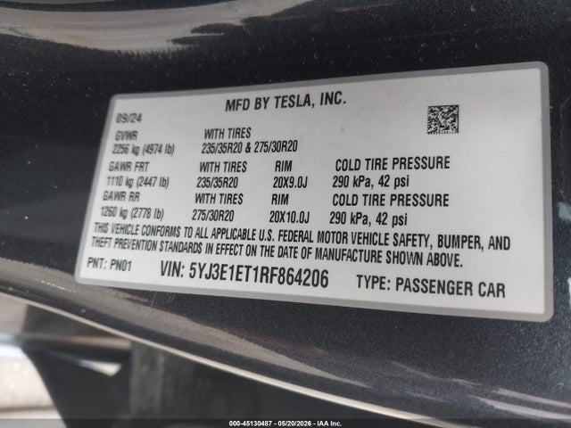 Aukcja sprzedaży 2024 Tesla Model 3 Performance All-wheel Drive, vin: 5YJ3E1ET1RF864206, numer aukcji: 45130487