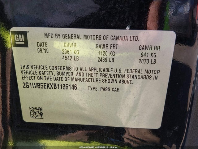 45130492 :رقم المزاد ، 2G1WB5EKXB1136146 vin ، 2011 Chevrolet Impala Lt مزاد بيع
