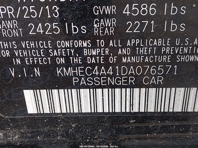 Aukcja sprzedaży 2013 Hyundai Sonata Hybrid Limited, vin: KMHEC4A41DA076571, numer aukcji: 45130494
