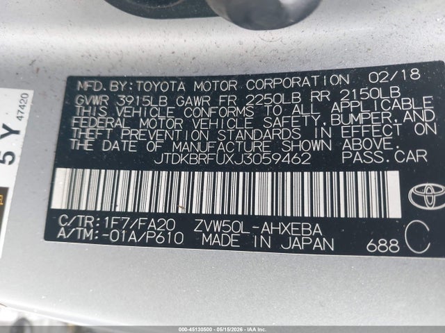 45130500 :رقم المزاد ، JTDKBRFUXJ3059462 vin ، 2018 Toyota Prius Two مزاد بيع