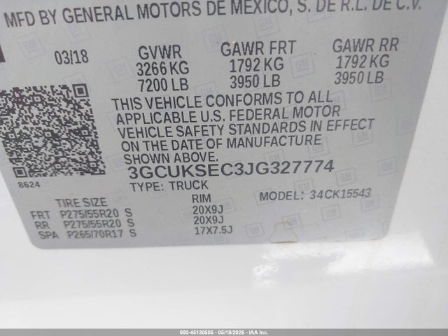 2018 Chevrolet Silverado 1500 1lz მანქანა იყიდება აუქციონზე, vin: 3GCUKSEC3JG327774, აუქციონის ნომერი: 45130505