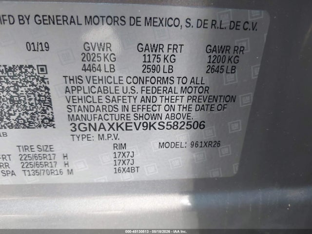 Aukcja sprzedaży 2019 Chevrolet Equinox Lt, vin: 3GNAXKEV9KS582506, numer aukcji: 45130513