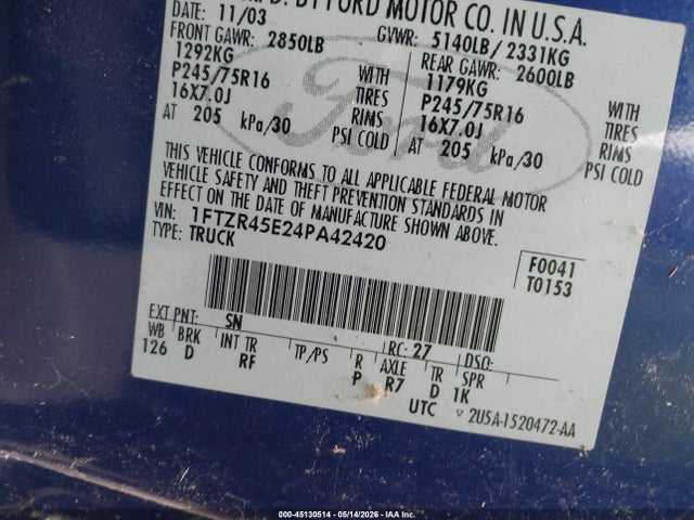 Продаж на аукціоні авто 2004 Ford Ranger Edge/tremor/xlt, vin: 1FTZR45E24PA42420, номер лоту: 45130514