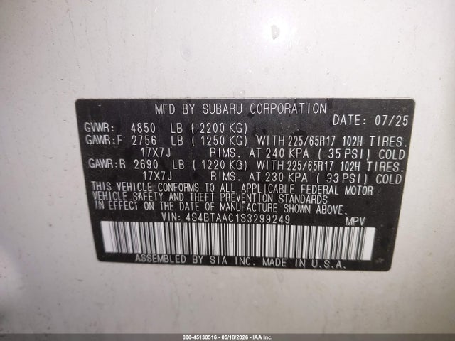 45130516 :رقم المزاد ، 4S4BTAAC1S3299249 vin ، 2025 Subaru Outback مزاد بيع
