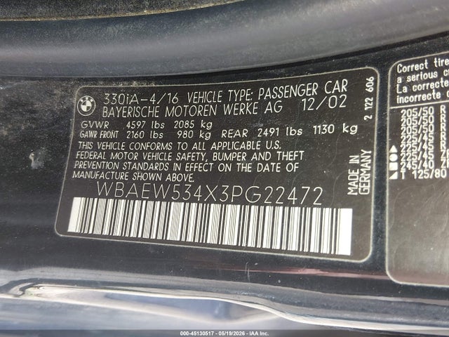 Продаж на аукціоні авто 2003 Bmw 330 Xi, vin: WBAEW534X3PG22472, номер лоту: 45130517