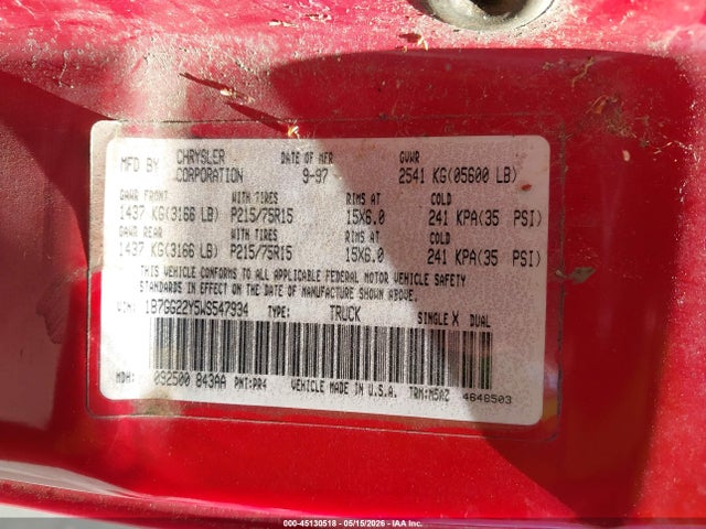 45130518 :رقم المزاد ، 1B7GG22Y5WS547934 vin ، 1998 Dodge Dakota Slt/sport مزاد بيع