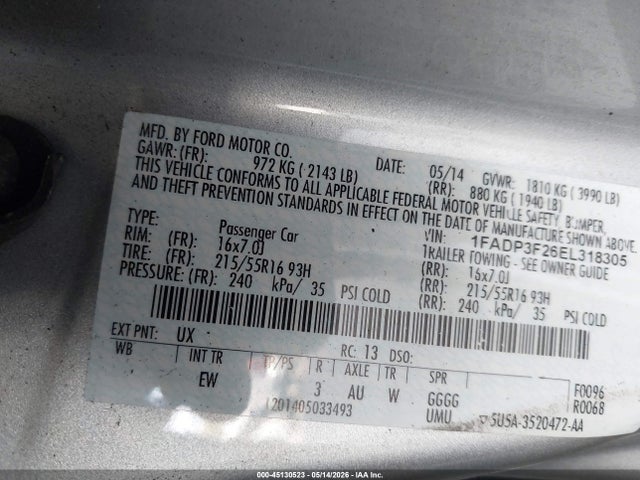 2014 Ford Focus Se მანქანა იყიდება აუქციონზე, vin: 1FADP3F26EL318305, აუქციონის ნომერი: 45130523