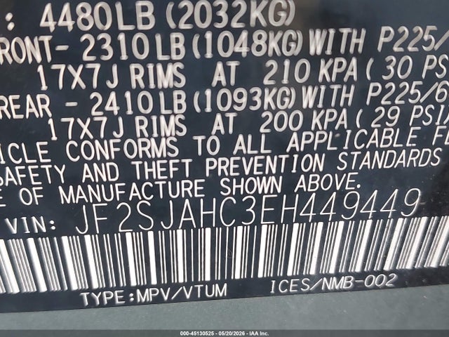 45130525 :رقم المزاد ، JF2SJAHC3EH449449 vin ، 2014 Subaru Forester 2.5i Limited مزاد بيع