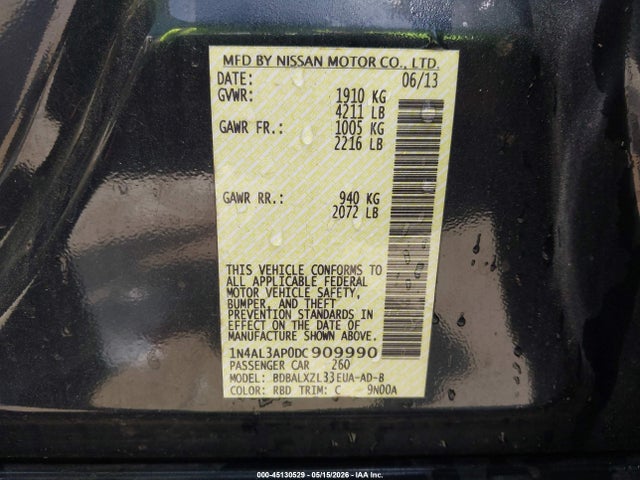 2013 Nissan Altima 2.5 Sl მანქანა იყიდება აუქციონზე, vin: 1N4AL3AP0DC909990, აუქციონის ნომერი: 45130529
