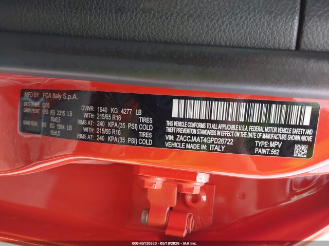 2016 Jeep Renegade Sport მანქანა იყიდება აუქციონზე, vin: ZACCJAAT4GPD26722, აუქციონის ნომერი: 45130530