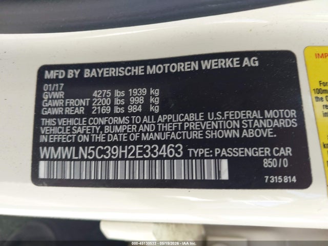 45130533 :رقم المزاد ، WMWLN5C39H2E33463 vin ، 2017 Mini Clubman Cooper مزاد بيع