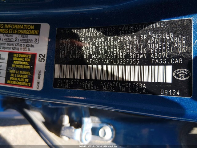 Продажа на аукционе авто 2020 Toyota Camry Se, vin: 4T1G11AK1LU327355, номер лота: 45130535