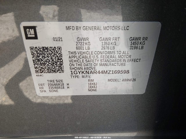 45130537 :رقم المزاد ، 1GYKNAR44MZ169598 vin ، 2021 Cadillac Xt5 Fwd Luxury مزاد بيع