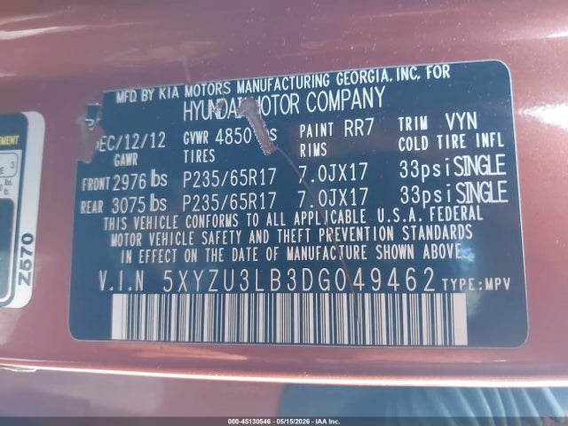45130546 :رقم المزاد ، 5XYZU3LB3DG049462 vin ، 2013 Hyundai Santa Fe Sport مزاد بيع