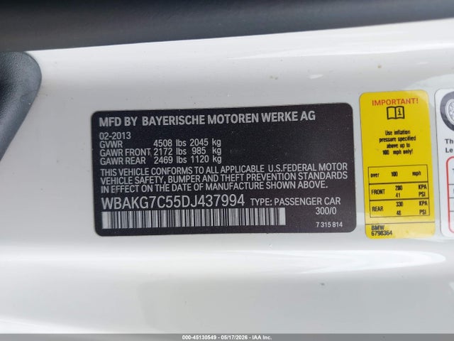 Aukcja sprzedaży 2013 Bmw 335i, vin: WBAKG7C55DJ437994, numer aukcji: 45130549
