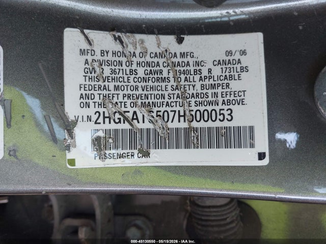 Продаж на аукціоні авто 2007 Honda Civic Lx, vin: 2HGFA16507H500053, номер лоту: 45130550