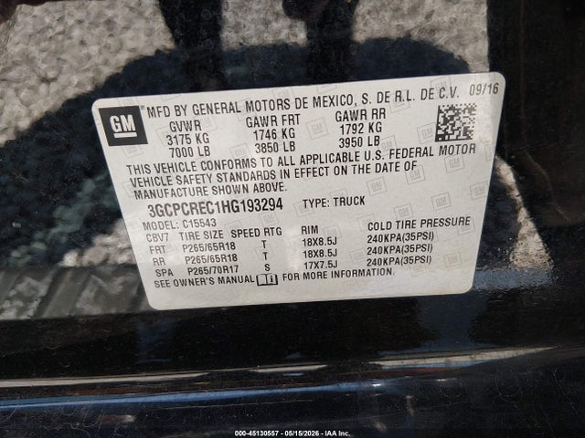 Продажа на аукционе авто 2017 Chevrolet Silverado 1500 1lt, vin: 3GCPCREC1HG193294, номер лота: 45130557