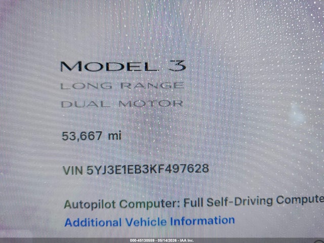 45130559 :رقم المزاد ، 5YJ3E1EB3KF497628 vin ، 2019 Tesla Model 3 Long Range/performance مزاد بيع