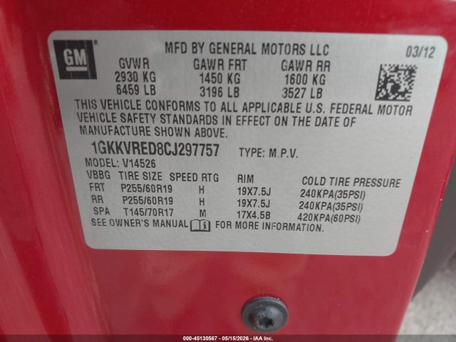 2012 Gmc Acadia Slt-1 მანქანა იყიდება აუქციონზე, vin: 1GKKVRED8CJ297757, აუქციონის ნომერი: 45130567