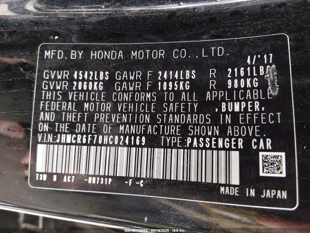 JHMCR6F70HC024169 Honda Accord Hybrid Touring