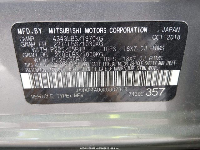 Auction sale of the 2019 Mitsubishi Outlander Sport 2.0 Se, vin: JA4AP4AU0KU007318, lot number: 45130587