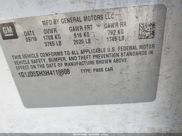 45130593 :رقم المزاد ، 1G1JD5SH3H4118808 vin ، 2017 Chevrolet Sonic Lt Auto مزاد بيع