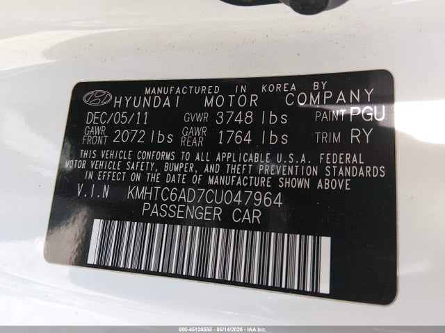 Продаж на аукціоні авто 2012 Hyundai Veloster Base W/gray, vin: KMHTC6AD7CU047964, номер лоту: 45130595