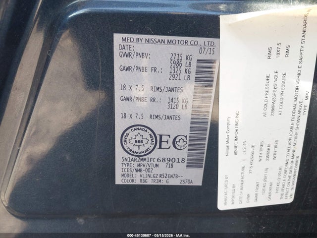 5N1AR2MM1FC689018 Nissan Pathfinder Platinum/s/sl/sv