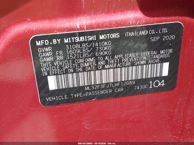 Продаж на аукціоні авто 2020 Mitsubishi Mirage G4 Es, vin: ML32F3FJ7LHF12889, номер лоту: 45130608