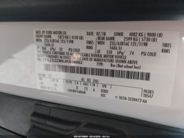 Ford Transit-350 Xl 2018 1FBZX2ZM0JKB36062 Image 9
