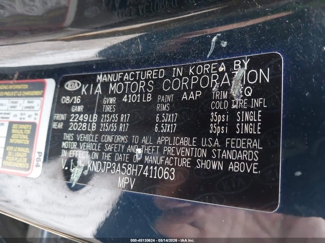 45130624 :رقم المزاد ، KNDJP3A58H7411063 vin ، 2017 Kia Soul + مزاد بيع
