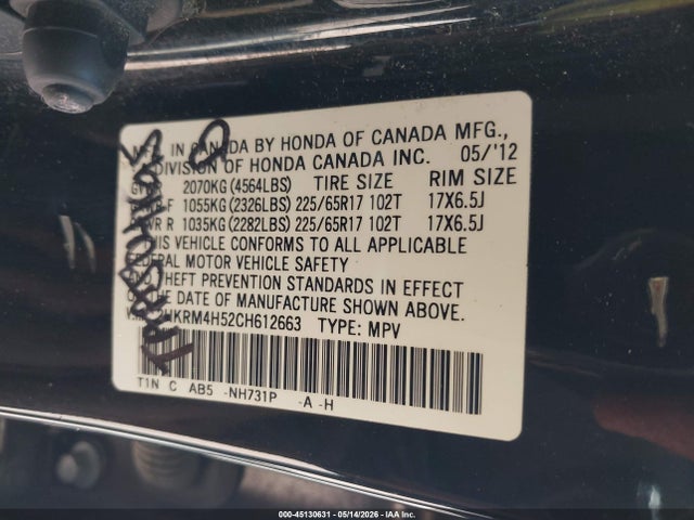 Aukcja sprzedaży 2012 Honda Cr-v Ex, vin: 2HKRM4H52CH612663, numer aukcji: 45130631