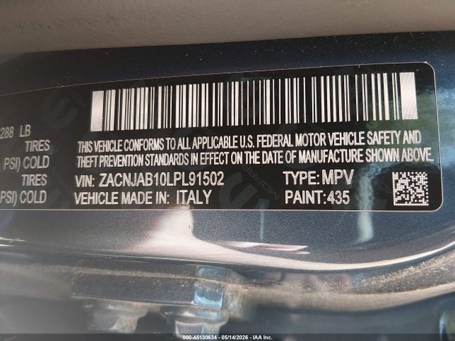 45130634 :رقم المزاد ، ZACNJAB10LPL91502 vin ، 2020 Jeep Renegade Latitude مزاد بيع