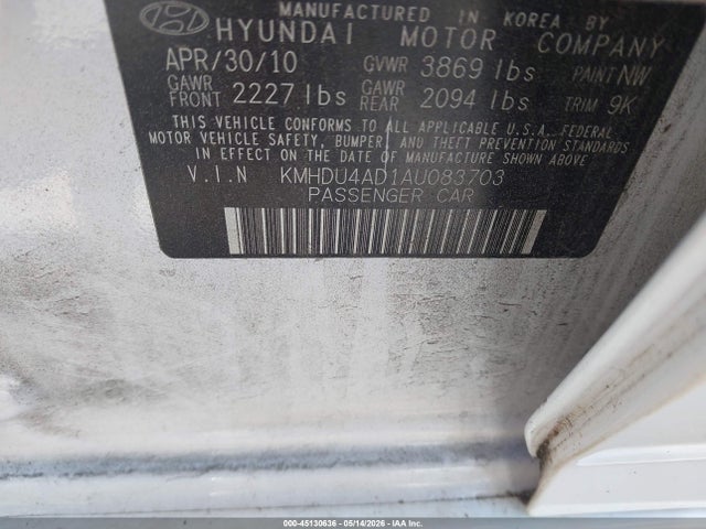 Продажа на аукционе авто 2010 Hyundai Elantra Gls, vin: KMHDU4AD1AU083703, номер лота: 45130636