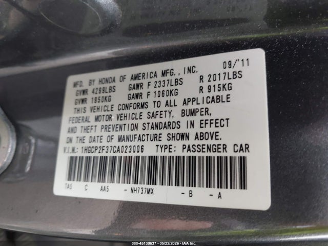 Продаж на аукціоні авто 2012 Honda Accord 2.4 Lx, vin: 1HGCP2F37CA023006, номер лоту: 45130637